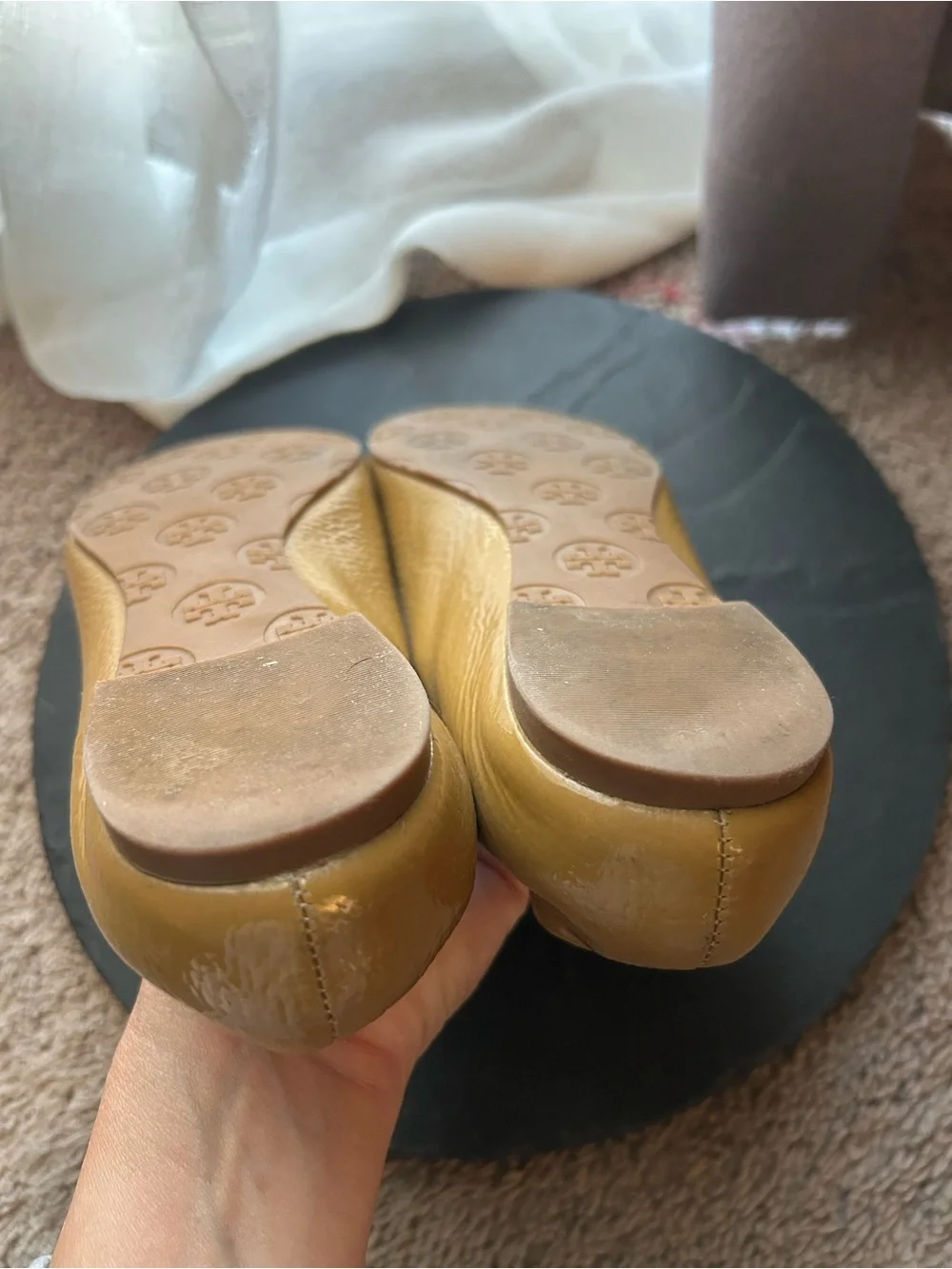 Tory Burch Tan Leather Logo Ballet Flats with Gold Medallions